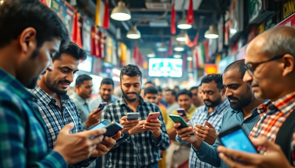 Engaging scene of sports betting in India showcasing mobile app interactions among bettors.