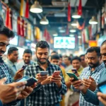 Engaging scene of sports betting in India showcasing mobile app interactions among bettors.