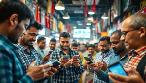 Engaging scene of sports betting in India showcasing mobile app interactions among bettors.