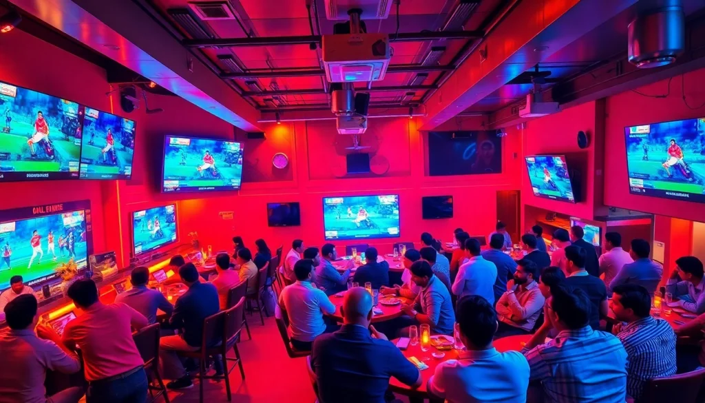 Engaged fans enjoying sports betting in India at a lively sports bar setting with screens.