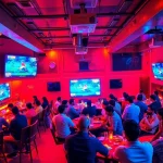 Engaged fans enjoying sports betting in India at a lively sports bar setting with screens.