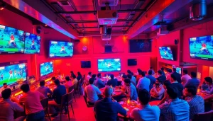 Engaged fans enjoying sports betting in India at a lively sports bar setting with screens.