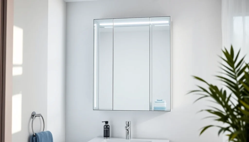 Spiegelschrank mit LED Beleuchtung in modernem Badezimmer-Design mit praktischen Funktionen.