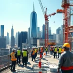 Showcase of a New York Commercial General Contractor overseeing an urban construction project with dynamic energy.