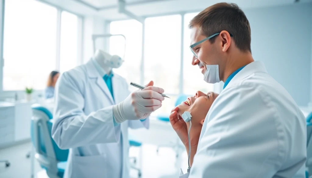 Dentist providing care in a bright, welcoming clinic environment, emphasizing professionalism and comfort.