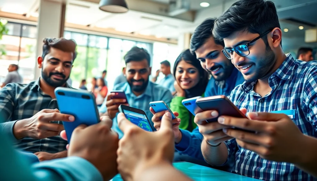 Engaged users participating in sports betting in India through mobile applications in a lively urban setting.