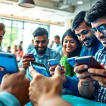 Engaged users participating in sports betting in India through mobile applications in a lively urban setting.