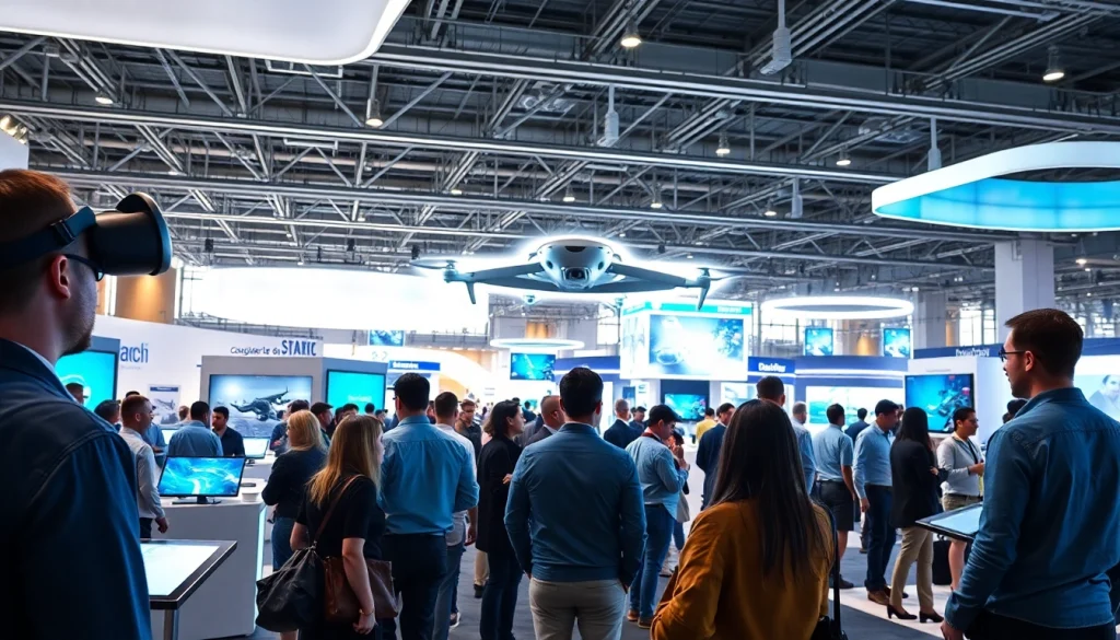 Technology exhibition featuring diverse attendees engaging with innovative devices and displays.