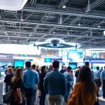 Technology exhibition featuring diverse attendees engaging with innovative devices and displays.