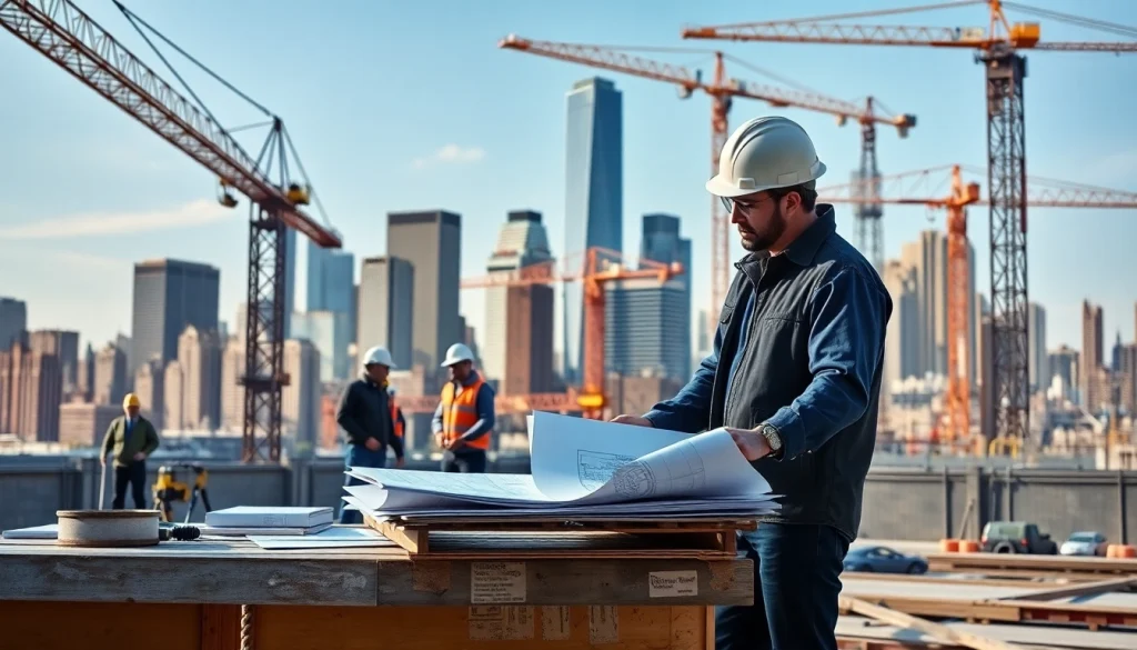 New York City General Contractor overseeing a bustling construction site with a skyline backdrop.