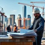 New York City General Contractor overseeing a bustling construction site with a skyline backdrop.