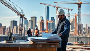 New York City General Contractor overseeing a bustling construction site with a skyline backdrop.