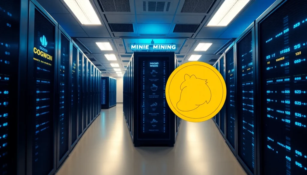 Visual representation of dogecoin cloud mining in a modern data center, showcasing high-tech servers and digital screens.