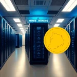 Visual representation of dogecoin cloud mining in a modern data center, showcasing high-tech servers and digital screens.