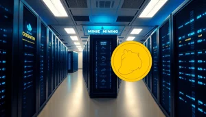 Visual representation of dogecoin cloud mining in a modern data center, showcasing high-tech servers and digital screens.