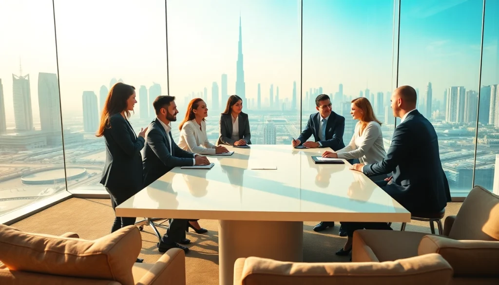 Team of Business Consultants in Dubai collaborating in a modern office setting with a skyline view.