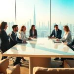 Team of Business Consultants in Dubai collaborating in a modern office setting with a skyline view.