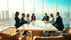 Team of Business Consultants in Dubai collaborating in a modern office setting with a skyline view.