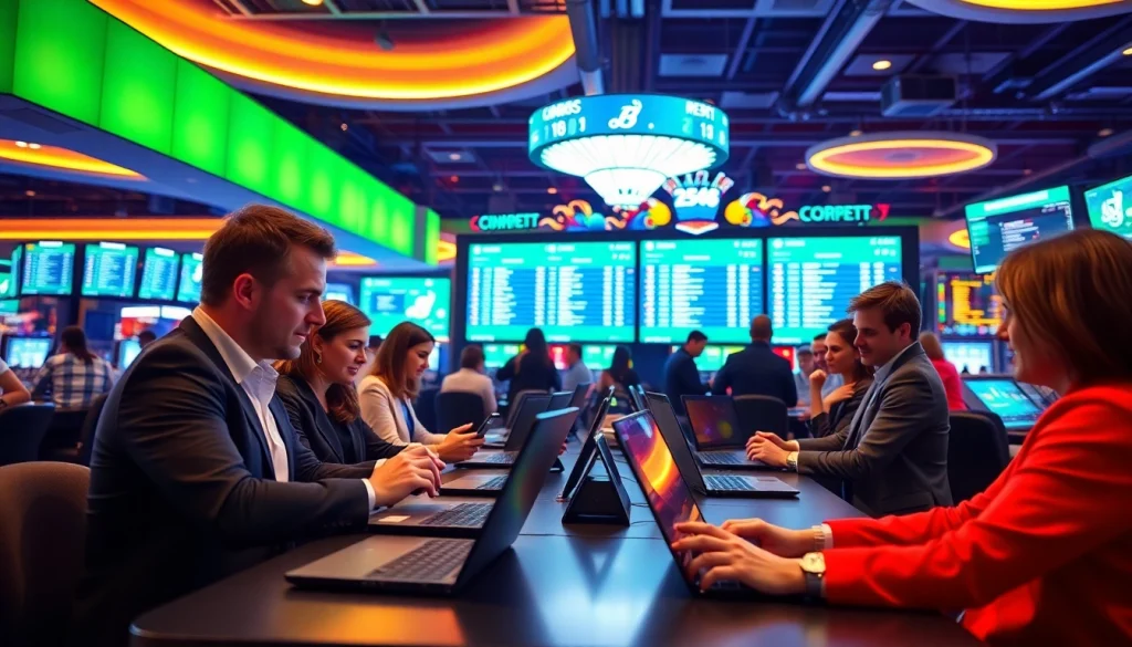 Engaging scene of bettors using sportsbooks in Canada with dynamic visuals and modern design.