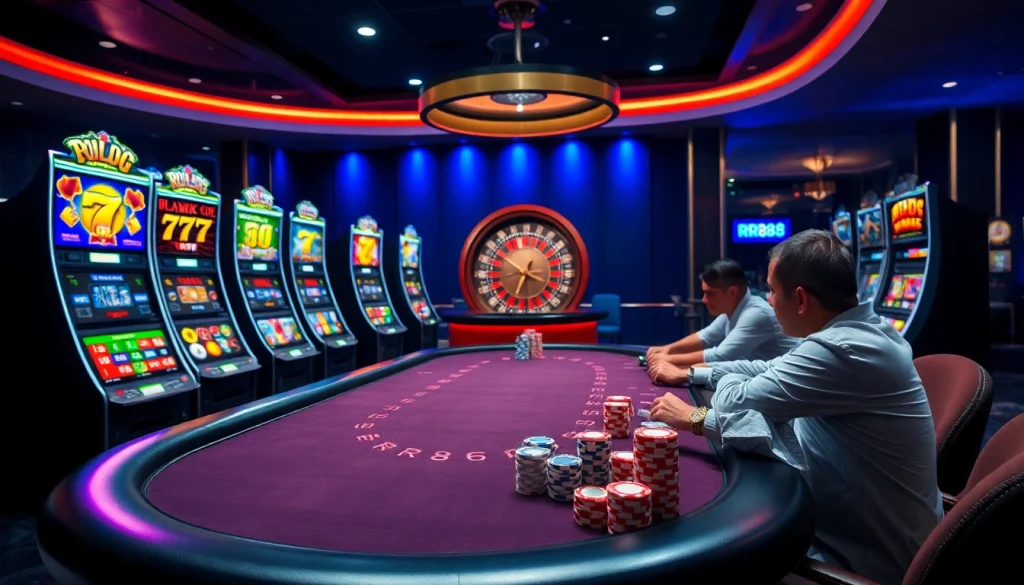 RR88 poker players strategizing at a luxurious casino table, surrounded by vibrant slot machines.