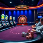 RR88 poker players strategizing at a luxurious casino table, surrounded by vibrant slot machines.