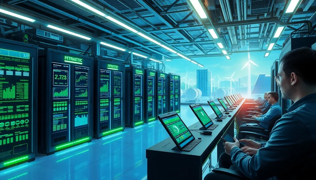 Visual representation of trusted cloud mining sites featuring a modern facility powered by renewable energy.