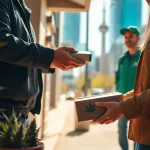 Delivering Toronto cannabis delivery to a customer at their door with a warm urban backdrop.