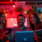 Engaging sex chat scene with diverse individuals in a warm environment, showcasing modern online interaction.