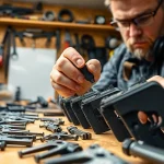 Explore a forced reset trigger for sale showcased in a detailed workshop environment.