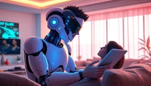 AI sex bot engaging intimately with a user in a cozy, futuristic setting.