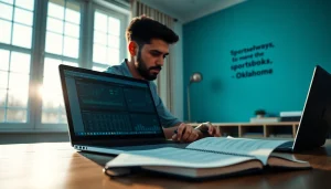 Analyze options for sportsbooks in Oklahoma with a focused bettor in a modern office setting.