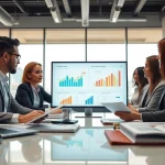 Analyze competitor pricing strategies in a modern office with digital screens and reports.