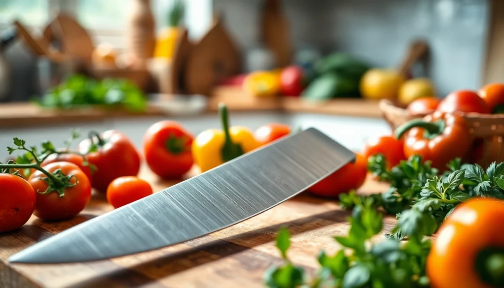 Learn how to choose a chef’s knife with a detailed view of a chef's knife on a cutting board with fresh vegetables.