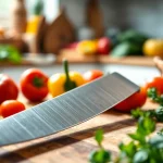 Learn how to choose a chef’s knife with a detailed view of a chef's knife on a cutting board with fresh vegetables.