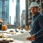 New York General Contractor examining blueprints at a vibrant construction site in NYC.