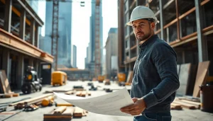 New York General Contractor examining blueprints at a vibrant construction site in NYC.