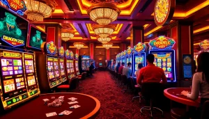 Players enjoying a thrilling game on DRAGON222 slot machines in a vibrant casino atmosphere.