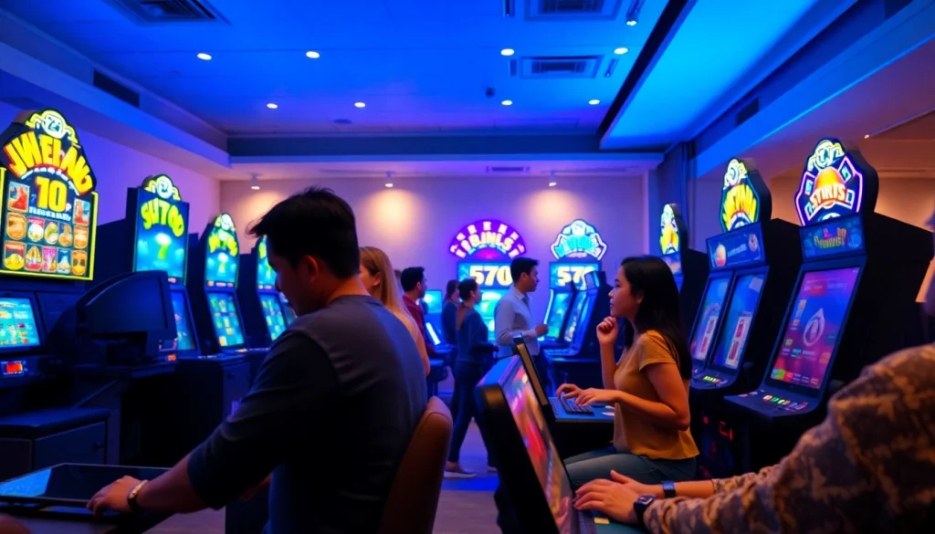 Exciting gaming scene at Situs kode4d with players enjoying online slots in a vibrant lounge.