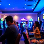 Exciting gaming scene at Situs kode4d with players enjoying online slots in a vibrant lounge.
