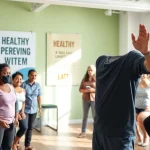Enhance your healthspan with a professional coach inspiring a diverse group in an energetic studio.