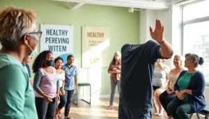 Enhance your healthspan with a professional coach inspiring a diverse group in an energetic studio.