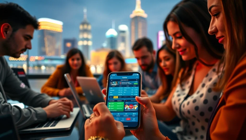A vibrant scene depicting sportsbooks in Texas with bettors using smartphones and laptops against a city skyline.
