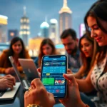 A vibrant scene depicting sportsbooks in Texas with bettors using smartphones and laptops against a city skyline.
