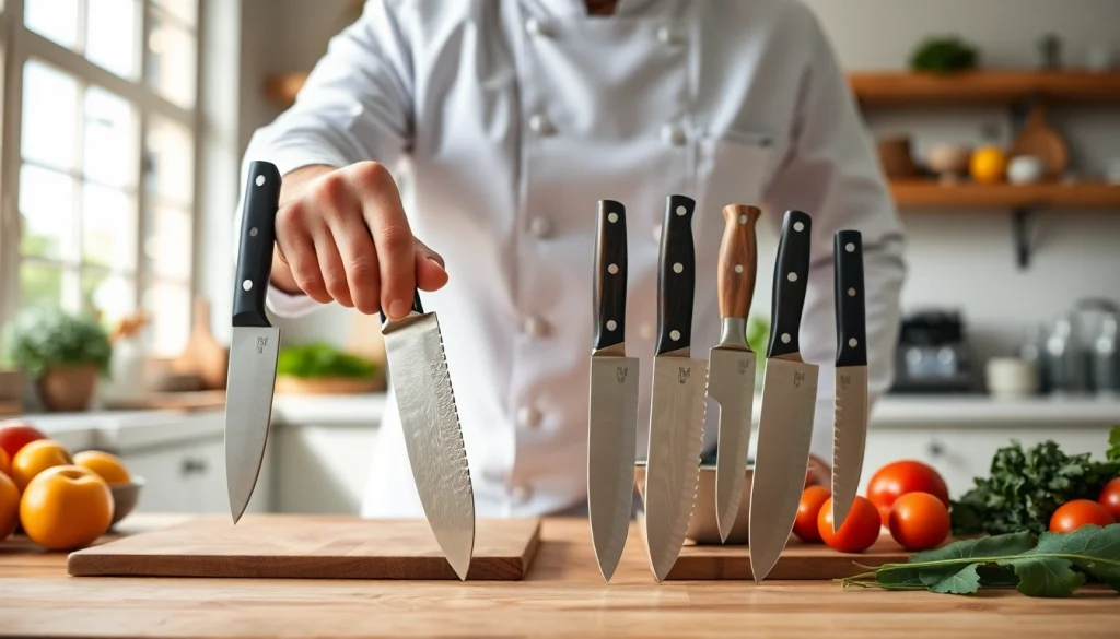 Demonstrating how to choose a chef’s knife in a modern kitchen with different knife styles.