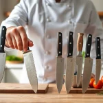 Demonstrating how to choose a chef’s knife in a modern kitchen with different knife styles.