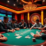 Enthusiastic players engaging at a poker table in a lively GG88 casino scene, showcasing excitement and high stakes.