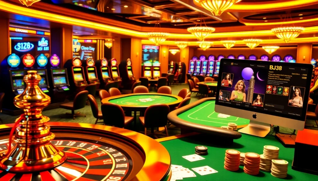 Players enjoying casino games on the BJ38 online platform with vibrant slot machines.