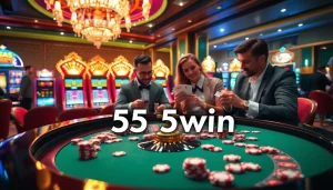 Experience the thrill of gambling at 555win with intense poker gameplay and vibrant casino visuals.