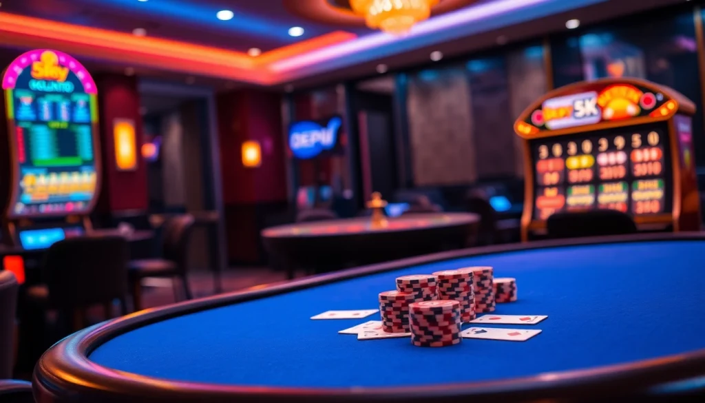 Engaging casino scene featuring a poker table and slot machine with depo 5k options.