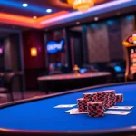 Engaging casino scene featuring a poker table and slot machine with depo 5k options.